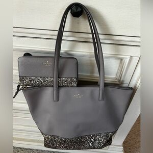 Kate Spade Gray and Silver Glitter Tote with Matching Wallet - Set